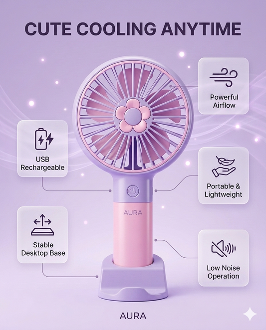 Portable Rechargeable Handheld Fan | Mini USB Cooling Fan | 3-Speed Personal Desk Fan | Compact Travel Fan for Home, Office & Outdoor Use