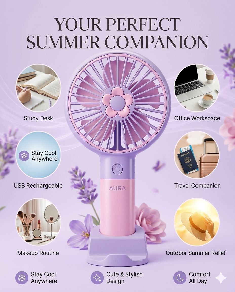 Portable Rechargeable Handheld Fan | Mini USB Cooling Fan | 3-Speed Personal Desk Fan | Compact Travel Fan for Home, Office & Outdoor Use