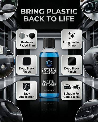 Car Plastic Restorer Coating | Plastic Trim Restorer for Cars & Bikes | Long Lasting Deep Black Shine | Dashboard & Exterior Plastic Polish 350ml