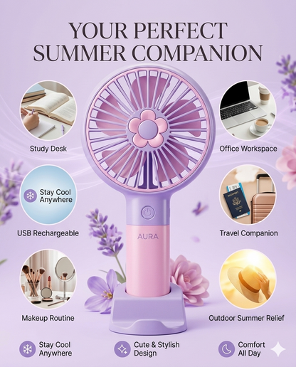 Portable Rechargeable Handheld Fan | Mini USB Cooling Fan | 3-Speed Personal Desk Fan | Compact Travel Fan for Home, Office & Outdoor Use
